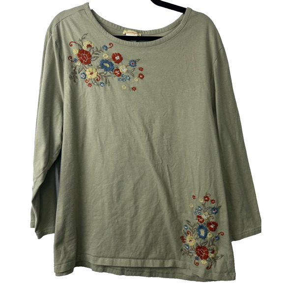 Women's Sweet Magnolia Embroidered 3/4 Sleeve Blouse Size XXL Green Boho A27 - Picture 1 of 6